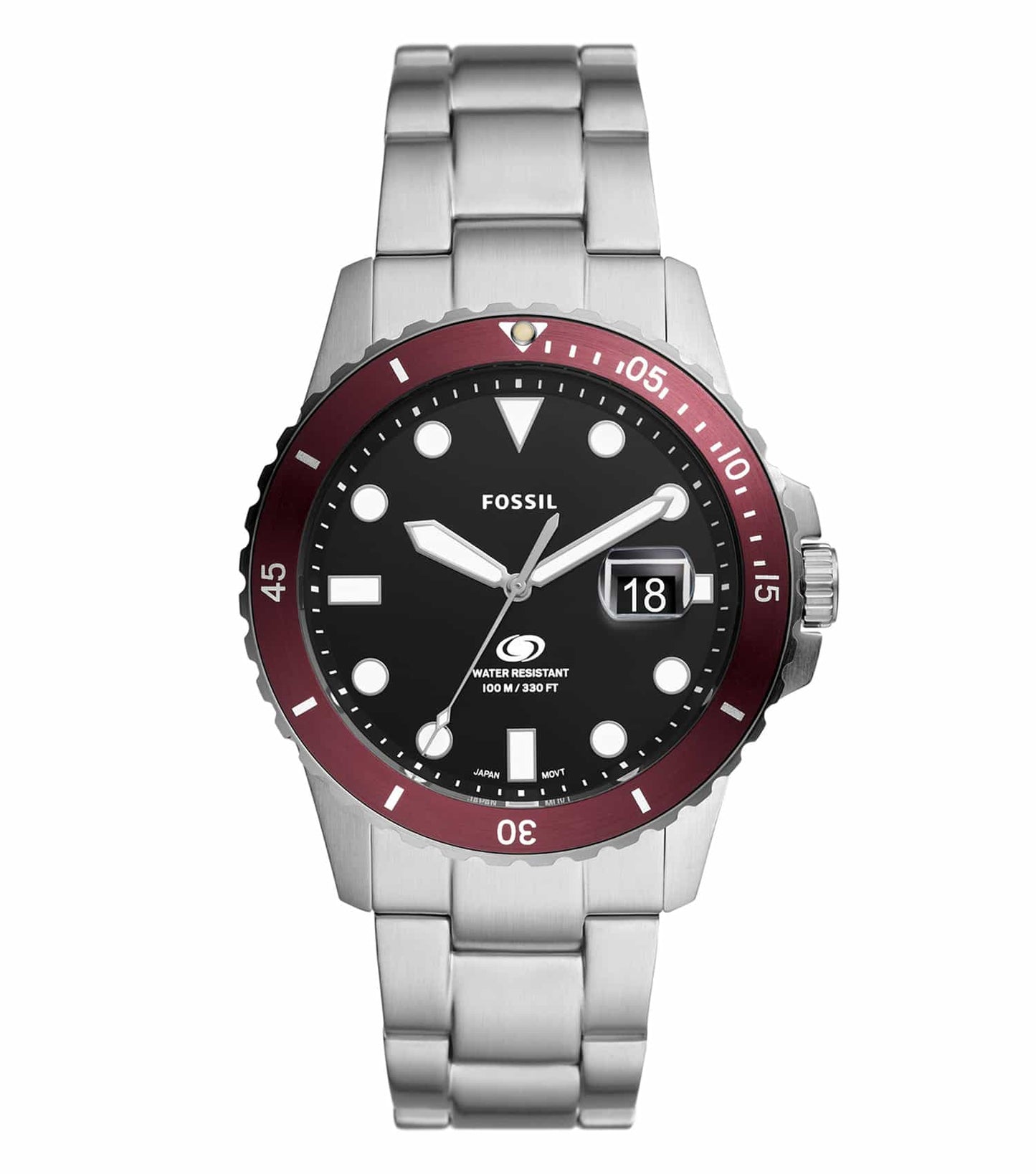 Fossil watch in elegant blue color with a round face and leather strap, captured from a front angle, highlighting its sleek design.