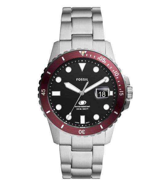 Fossil watch in elegant blue color with a round face and leather strap, captured from a front angle, highlighting its sleek design.