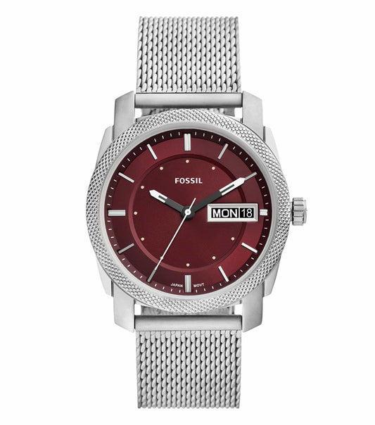 FOSSIL silver watch, side angle, showcasing sleek stainless steel design with luminous hands and minimalist dial, perfect for trendsetters.