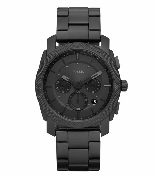 Fossil black watch with a sleek dial and leather band, side angle view, showcasing stylish design and excellent craftsmanship.