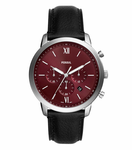 Fossil men's quartz watch in FS6016 model with sleek black dial, angled view showcasing minimalist design and leather strap.