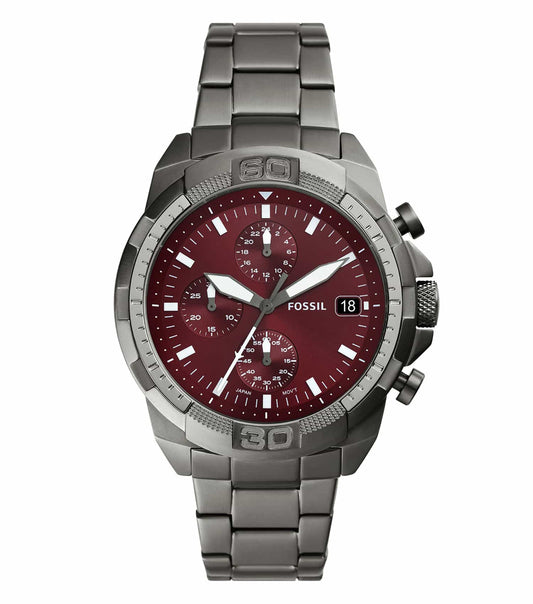 Fossil men's watch in black, angled view showcasing its sleek stainless steel strap, distinctive black dial, and minimalist design.