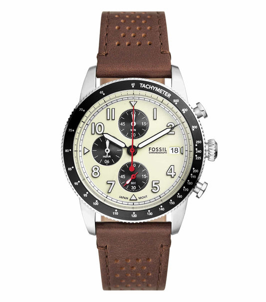 Fossil watch with rich brown leather strap and sleek black round dial, photographed at a 45-degree angle, exudes timeless elegance.