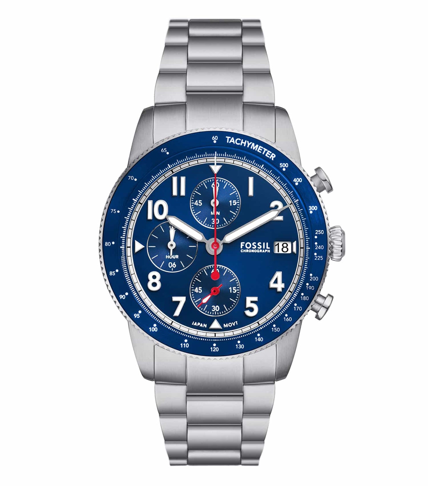 Silver Fossil watch with classic round face and textured strap; angled from the front showcasing elegance and craftsmanship.