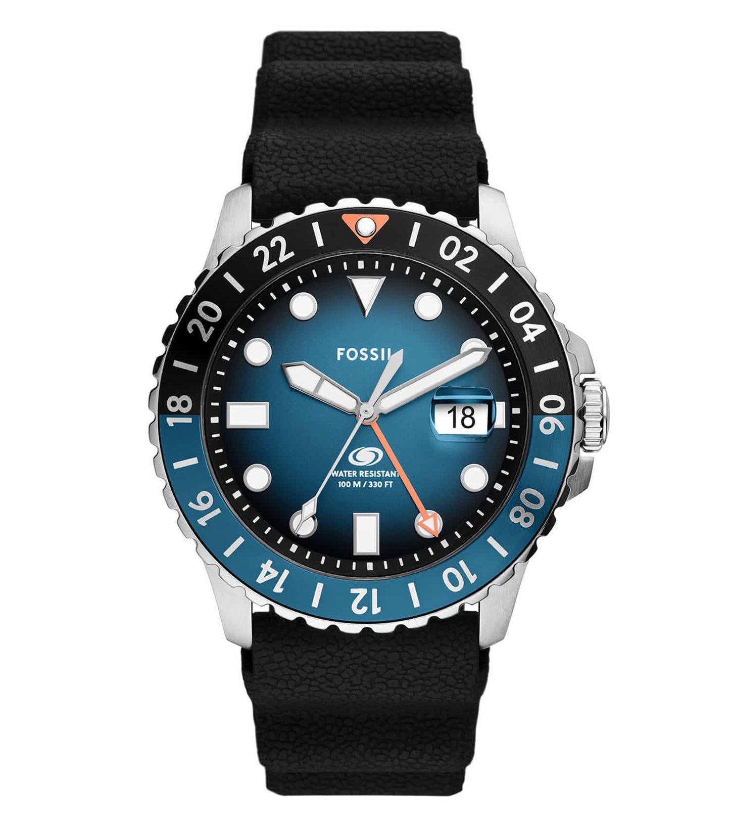 Fossil blue watch, top view; elegant design with silver accents; perfect for watch enthusiasts seeking style and precision.