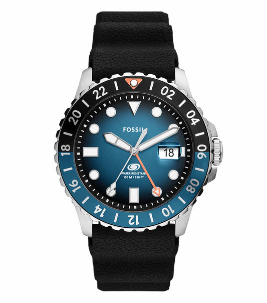 Fossil blue watch, top view; elegant design with silver accents; perfect for watch enthusiasts seeking style and precision.