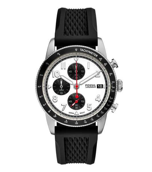 Fossil quartz watch in vibrant hue, classic front angle; brown leather strap, sleek silver dial with date feature elegantly displayed.