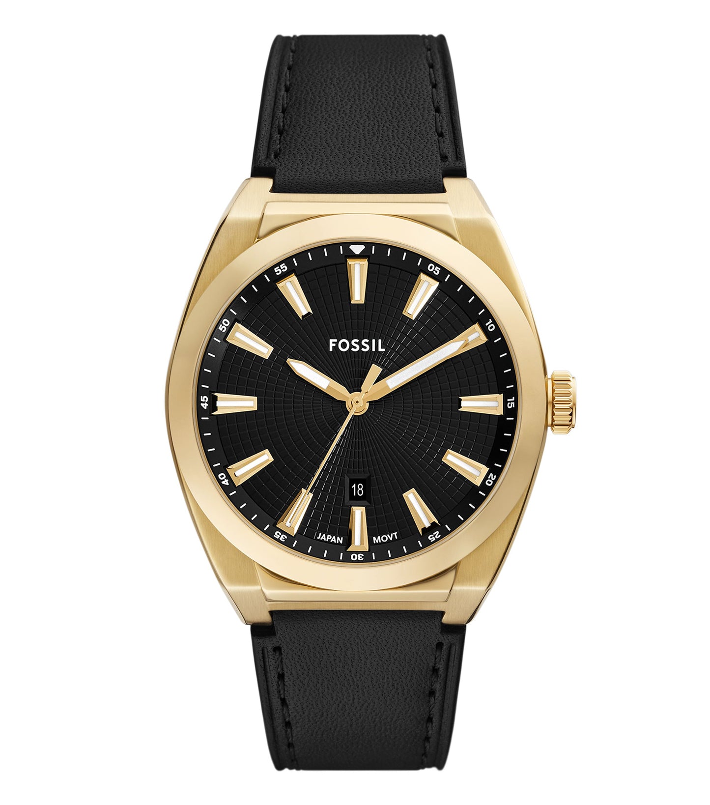 Fossil quartz watch with brown leather strap, black dial, and silver bezel, angled slightly to the left showcasing classic style.