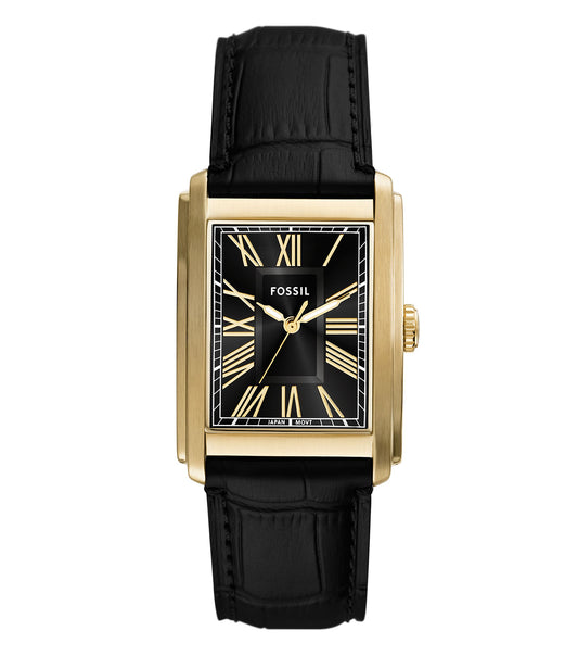 Fossil quartz watch in elegant blue, angled side view showing stainless steel casing and sophisticated dial design.