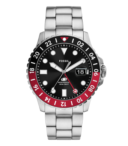 Fossil blue watch with silver accents, front view; sleek round face with textured band detailing, ideal for fashion enthusiasts.