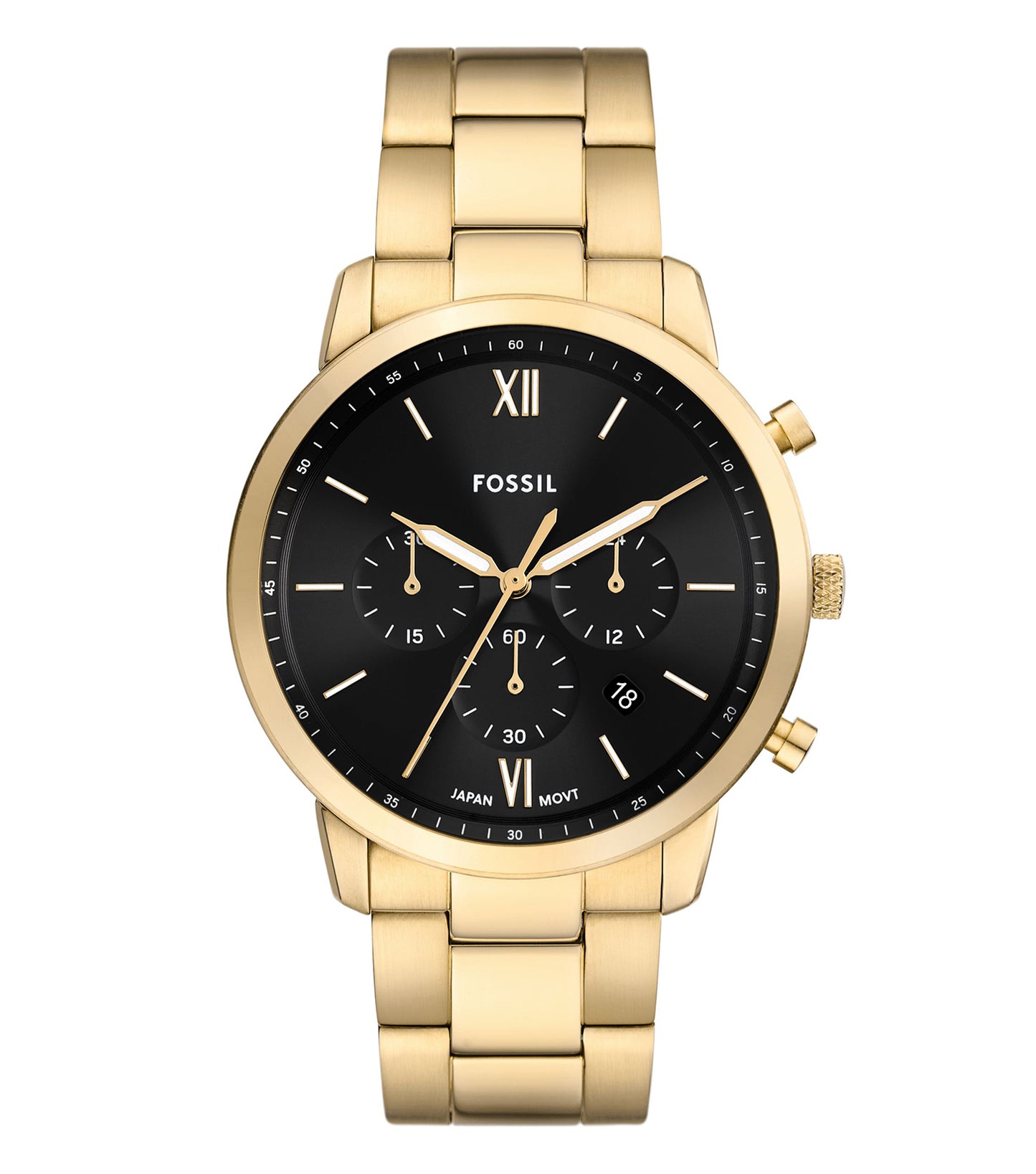 Fossil Neutra Quartz watch in sleek black, featuring a minimalist dial and leather strap, angled elegantly from above.