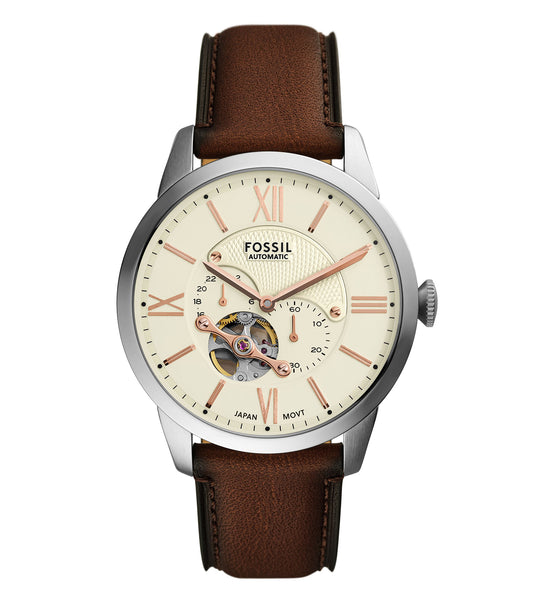  Fossil black watch with intricate mechanical design, showcasing side angle view highlighting stainless steel casing.