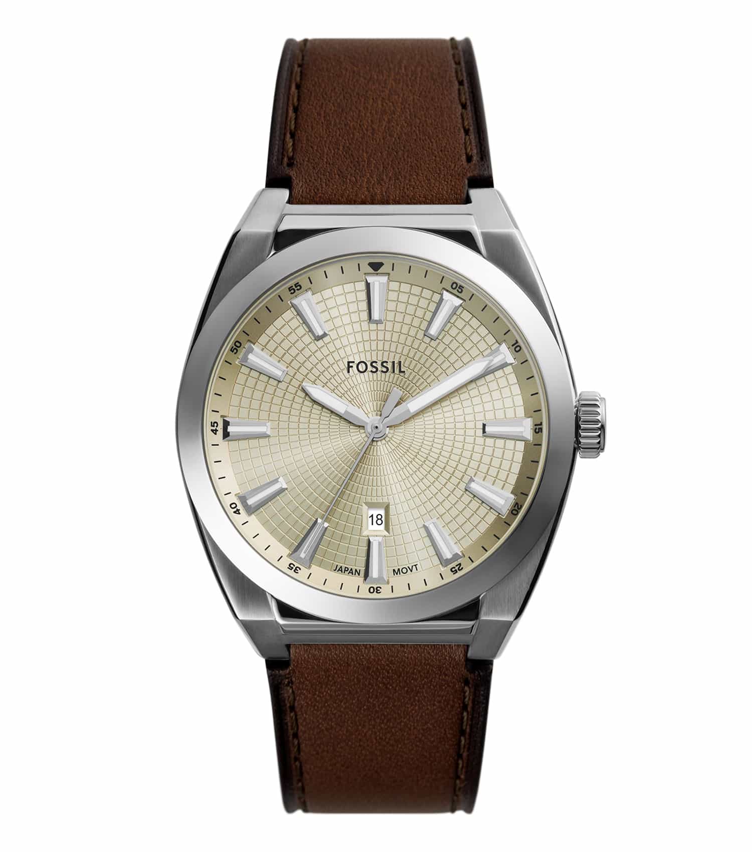 Fossil quartz watch in a sleek silver tone, elegant dial design captured from a stylish top-left angle, perfect for enthusiasts.