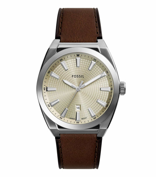 Fossil quartz watch in a sleek silver tone, elegant dial design captured from a stylish top-left angle, perfect for enthusiasts.