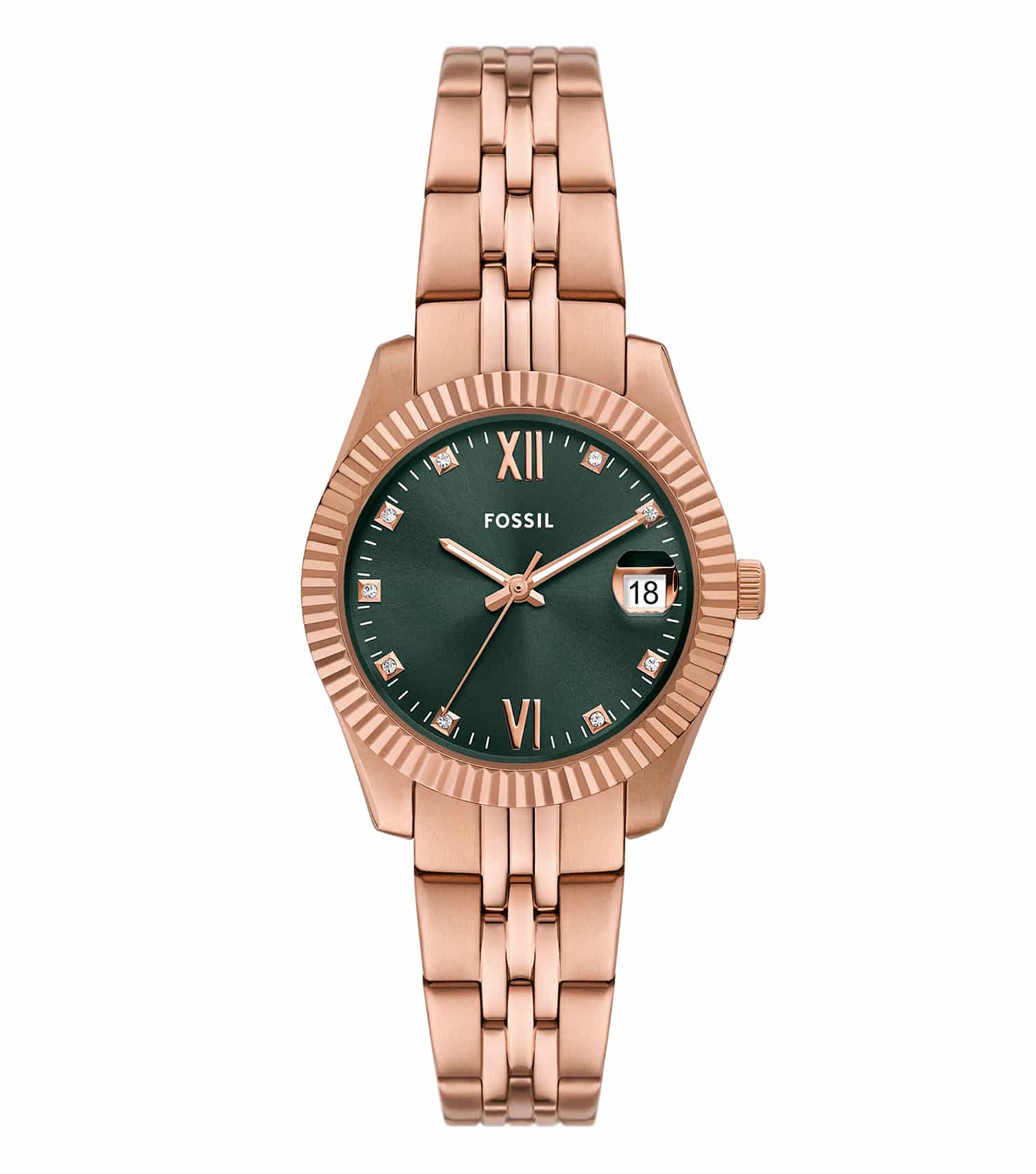 Fossil Scarlette watch in vibrant scarlette color, angled from the front showcasing the elegant face and intricate design details.