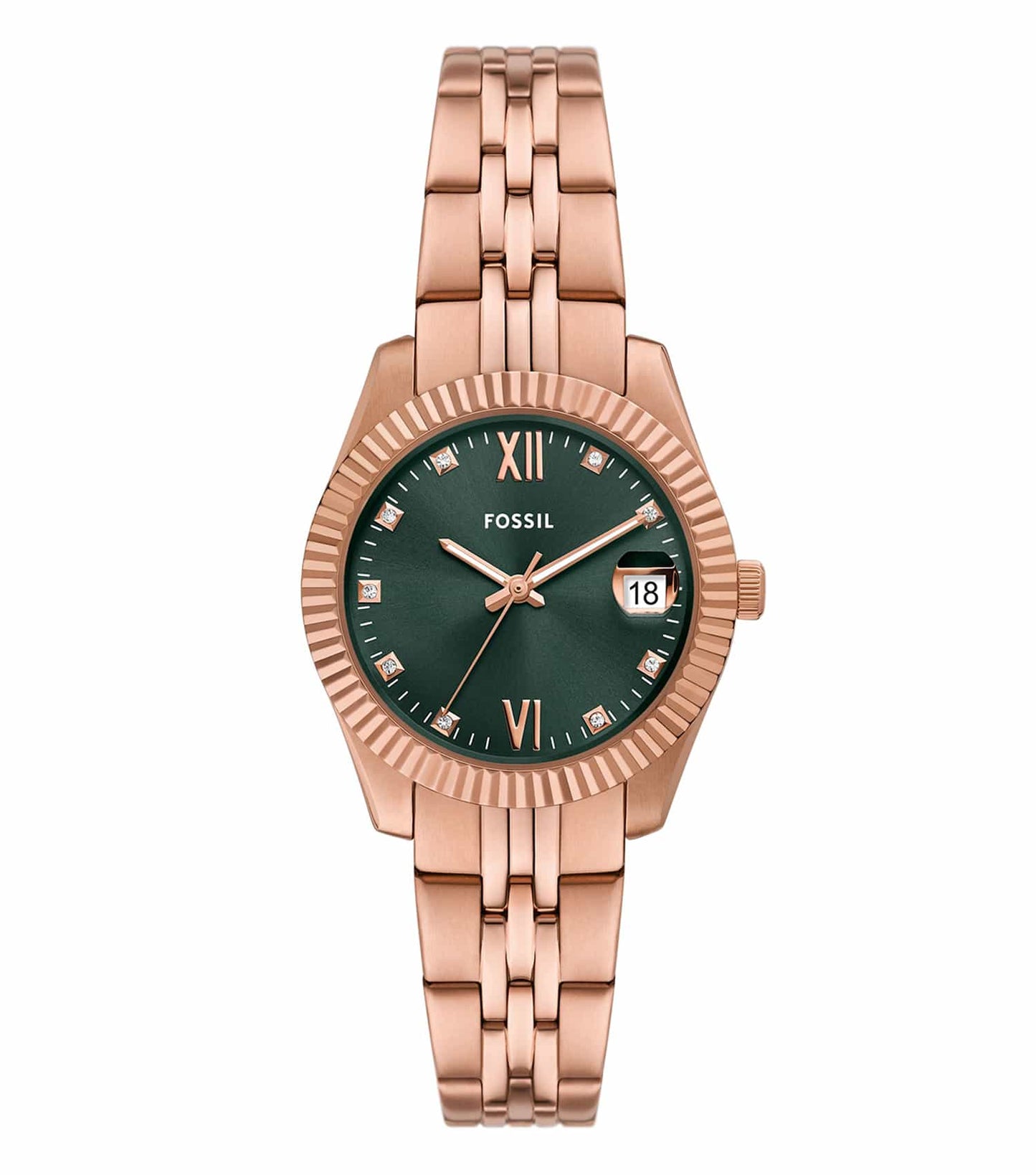Fossil Scarlette watch in vibrant scarlette color, angled from the front showcasing the elegant face and intricate design details.
