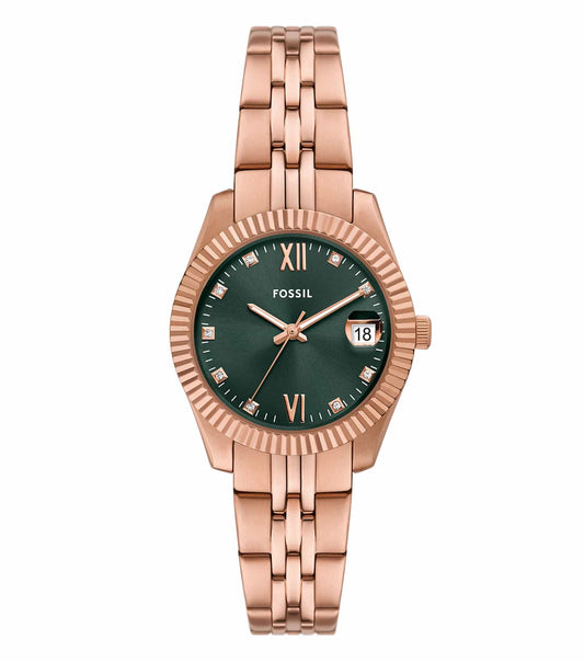 Fossil Scarlette watch in vibrant scarlette color, angled from the front showcasing the elegant face and intricate design details.