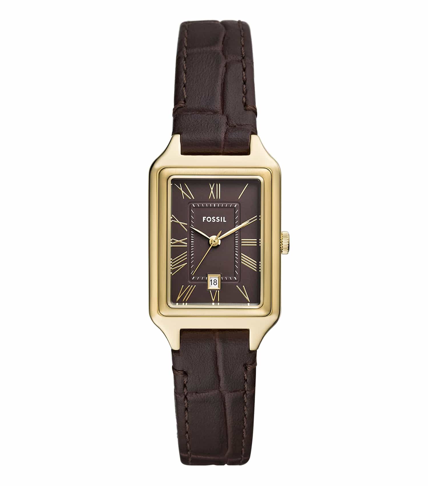 Fossil watch in classic black, angled with a focus on its sleek dial and minimalist design, showcasing elegance and style.