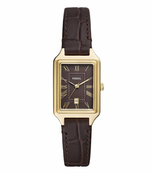 Fossil watch in classic black, angled with a focus on its sleek dial and minimalist design, showcasing elegance and style.