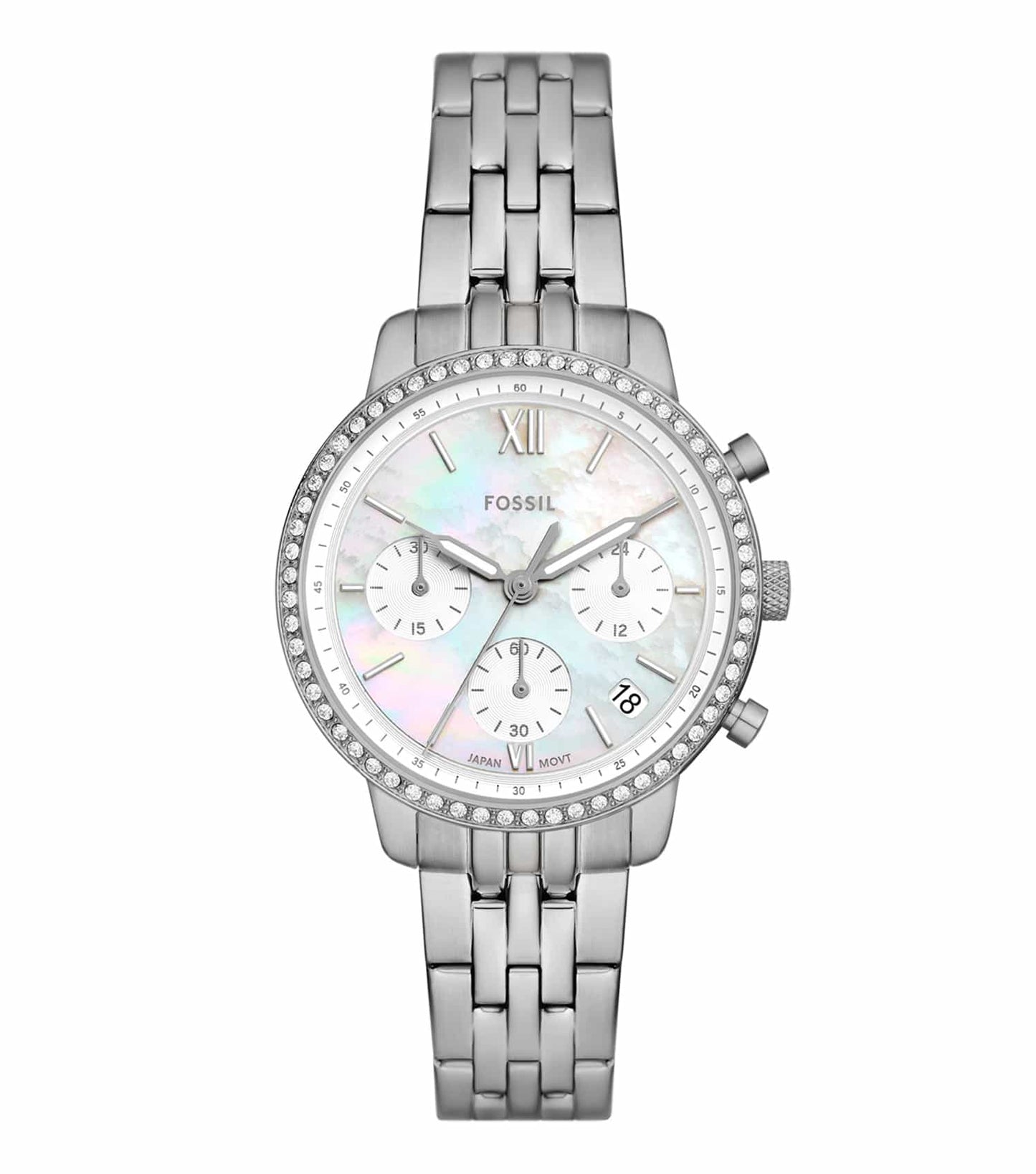 Side angle view of Fossil Quartz watch with leather strap, showcasing minimalist design and silver-tone features.