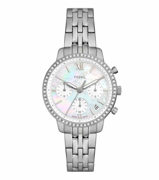 Side angle view of Fossil Quartz watch with leather strap, showcasing minimalist design and silver-tone features.