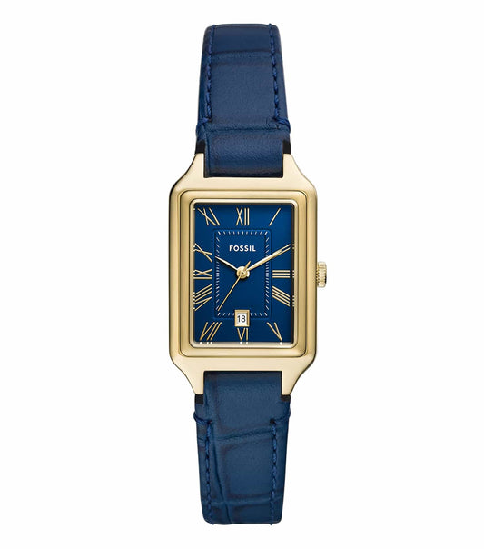 Elegant Fossil watch in monochrome, showcasing textured black leather strap and analog dial; top-down angled view.