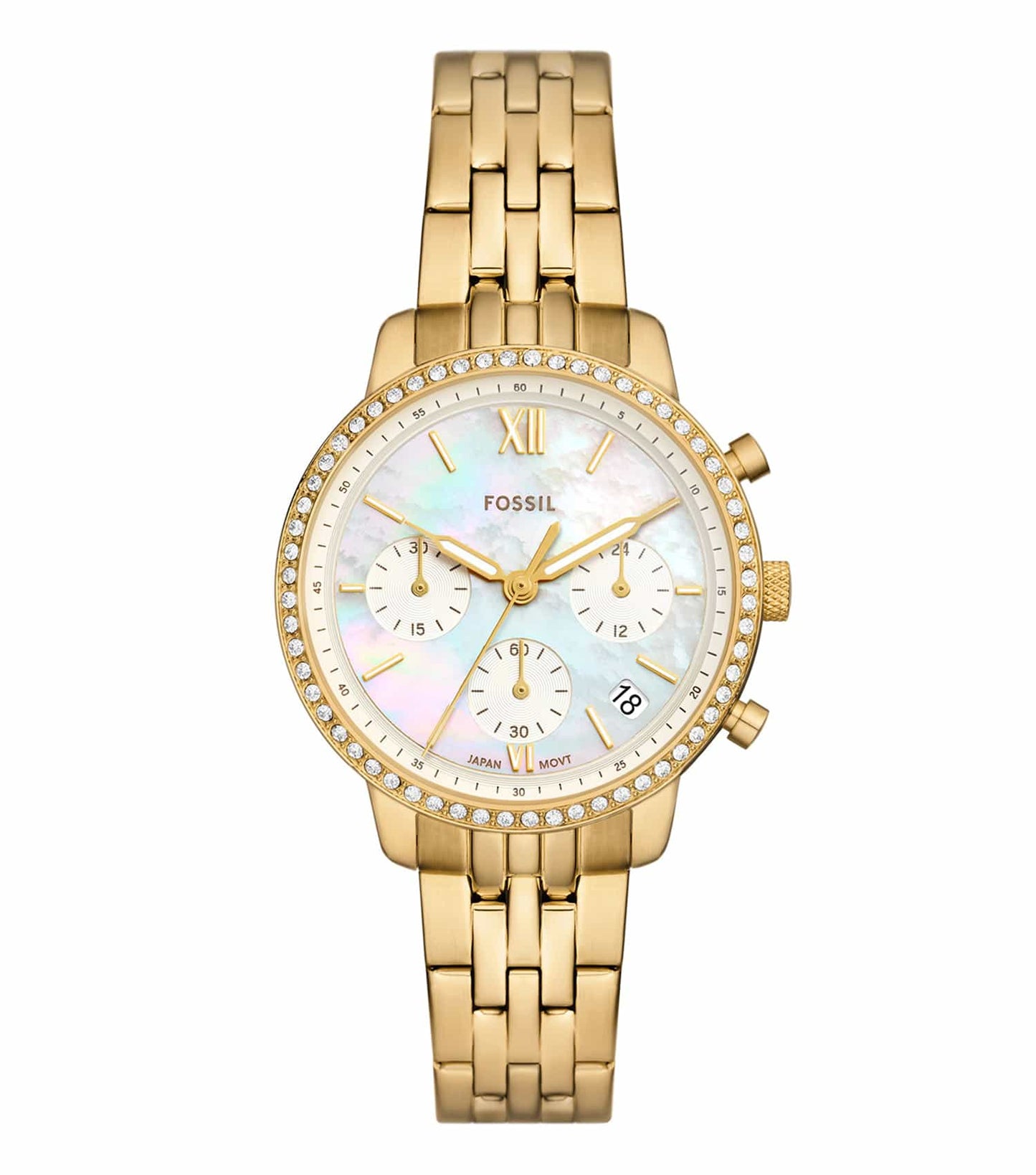 Fossil Neutra Quartz watch in a neutral palette; close-up angle showcasing its sleek round dial and elegant leather strap.