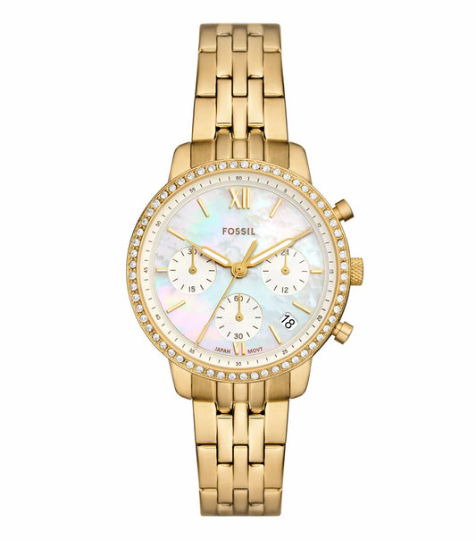 Fossil Neutra Quartz watch in a neutral palette; close-up angle showcasing its sleek round dial and elegant leather strap.