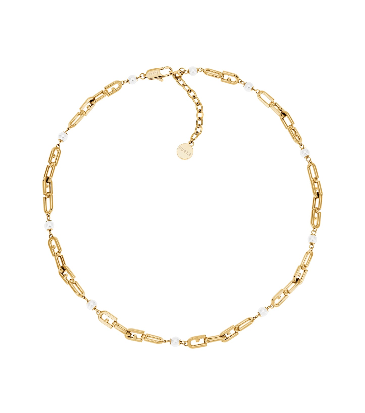 Furla gold necklace, side angle, showcasing elegant chain links with subtle shine, perfect for a sophisticated jewelry collection.