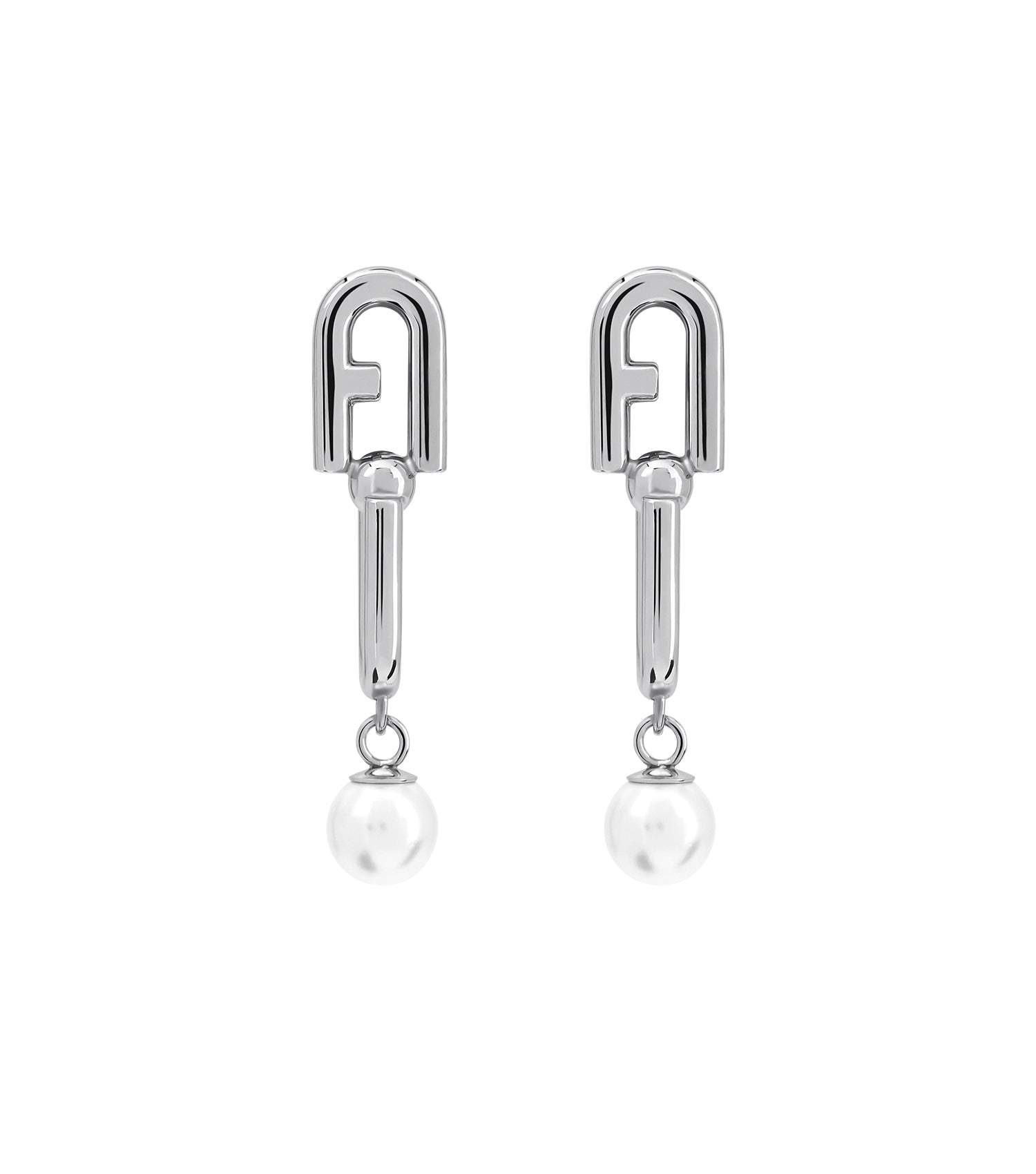 Furla silver earrings, close-up view, showcasing oval shape, shimmering details, perfect for elegant fashion, side angle.
