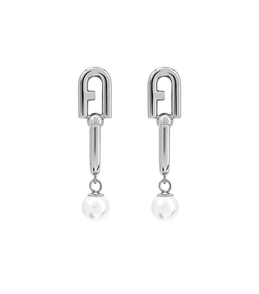 Furla silver earrings, close-up view, showcasing oval shape, shimmering details, perfect for elegant fashion, side angle.