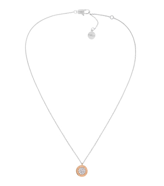 Furla silver necklace with a sleek, modern design, elegantly displayed at a front-facing angle, showcases craftsmanship.