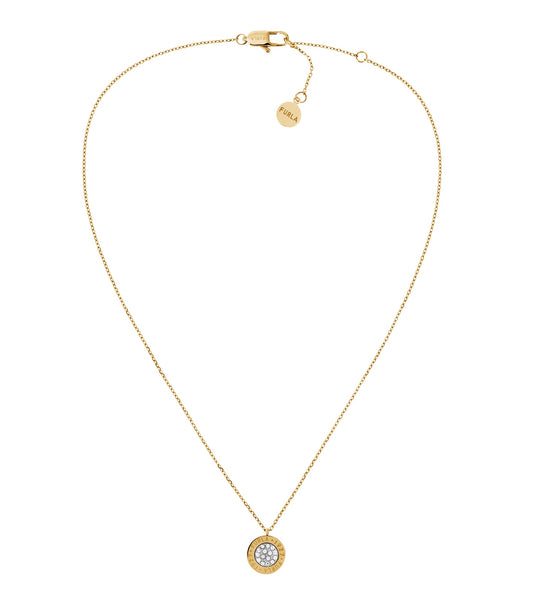 Furla gold necklace with a sleek, elegant design, captured from a frontal angle to showcase intricate chain details and luxurious shine.