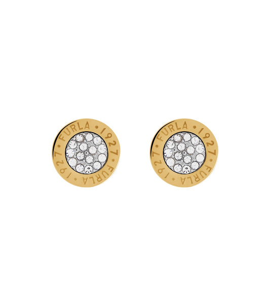 Furla gold earrings displayed at an angle, showcasing elegant design and intricate details, highlighting luxury fashion accessory.