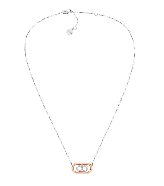 Silver Furla necklace with a sleek, minimalist design, elegantly displayed at a front-facing angle against a white background.
