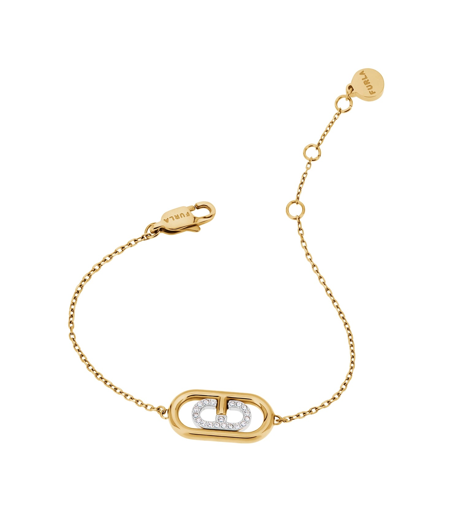 Furla gold bracelet with sleek design, showcased from a side angle, capturing its elegant clasp and lustrous finish.