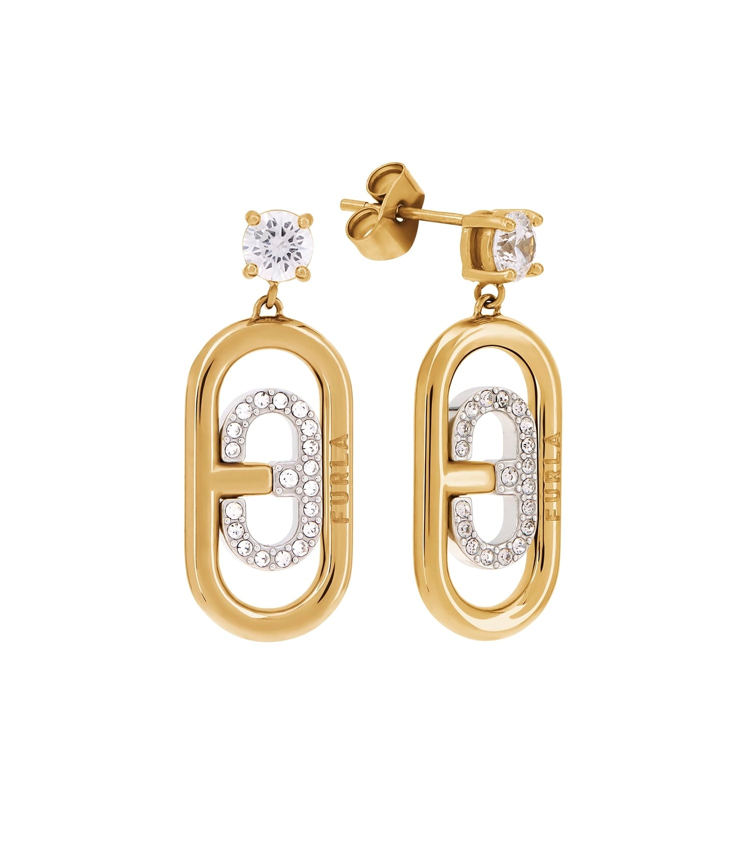 Elegant Furla gold earrings with a circular design, beautifully showcased from a side angle, capturing their lustrous shine.