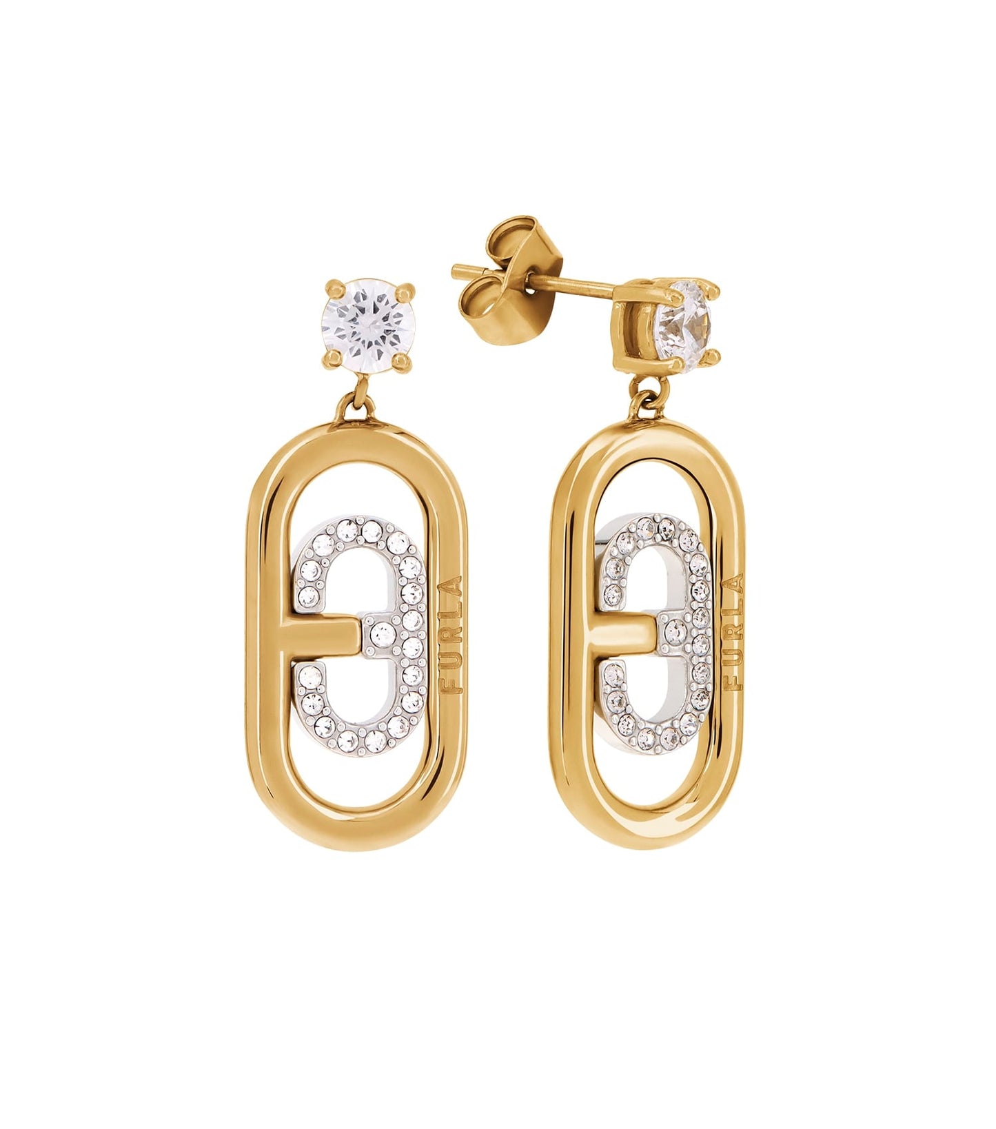 Elegant Furla gold earrings with a circular design, beautifully showcased from a side angle, capturing their lustrous shine.