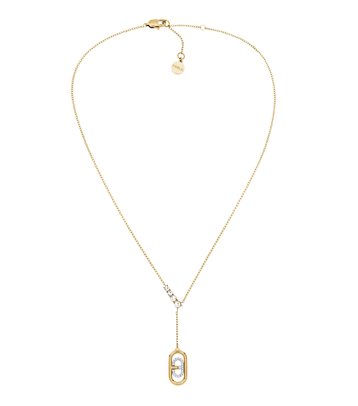 Gold-toned Furla necklace beautifully displayed with a frontal view, showcasing stylish design and elegant chain details.