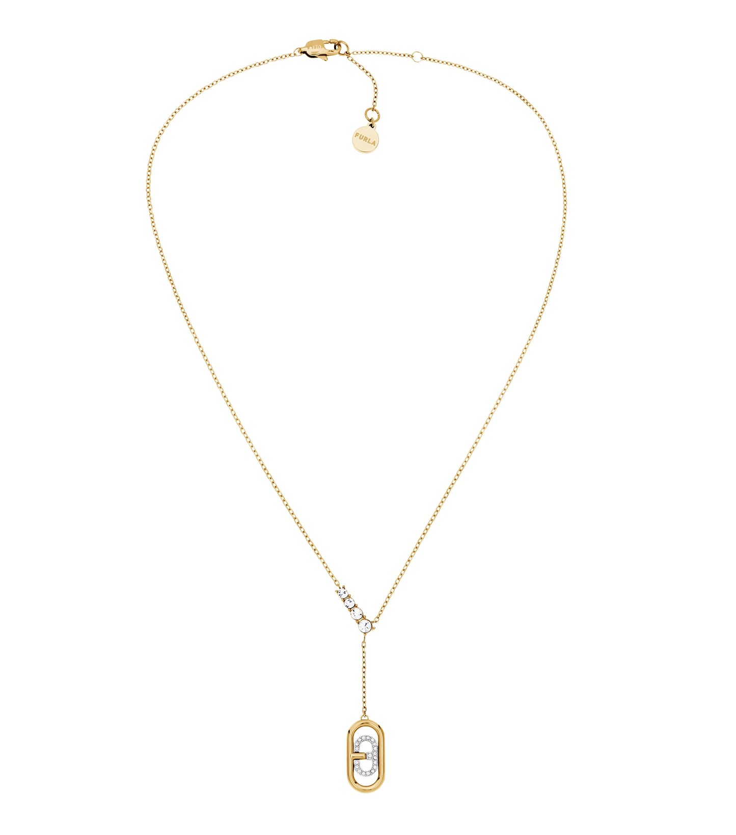Gold-toned Furla necklace beautifully displayed with a frontal view, showcasing stylish design and elegant chain details.