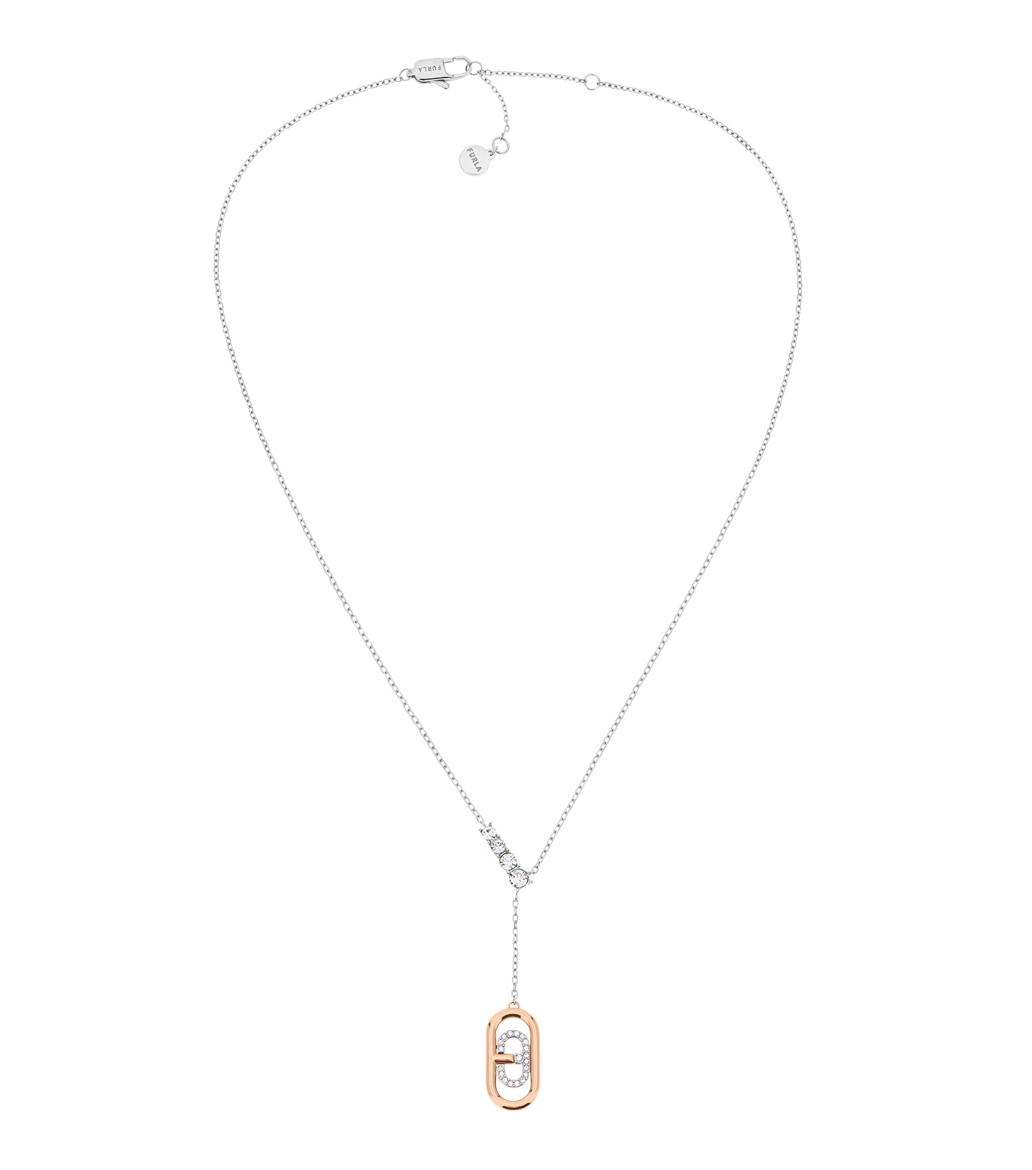 Furla silver necklace elegantly displayed at a front-facing angle, capturing its intricate chain design and lustrous finish.