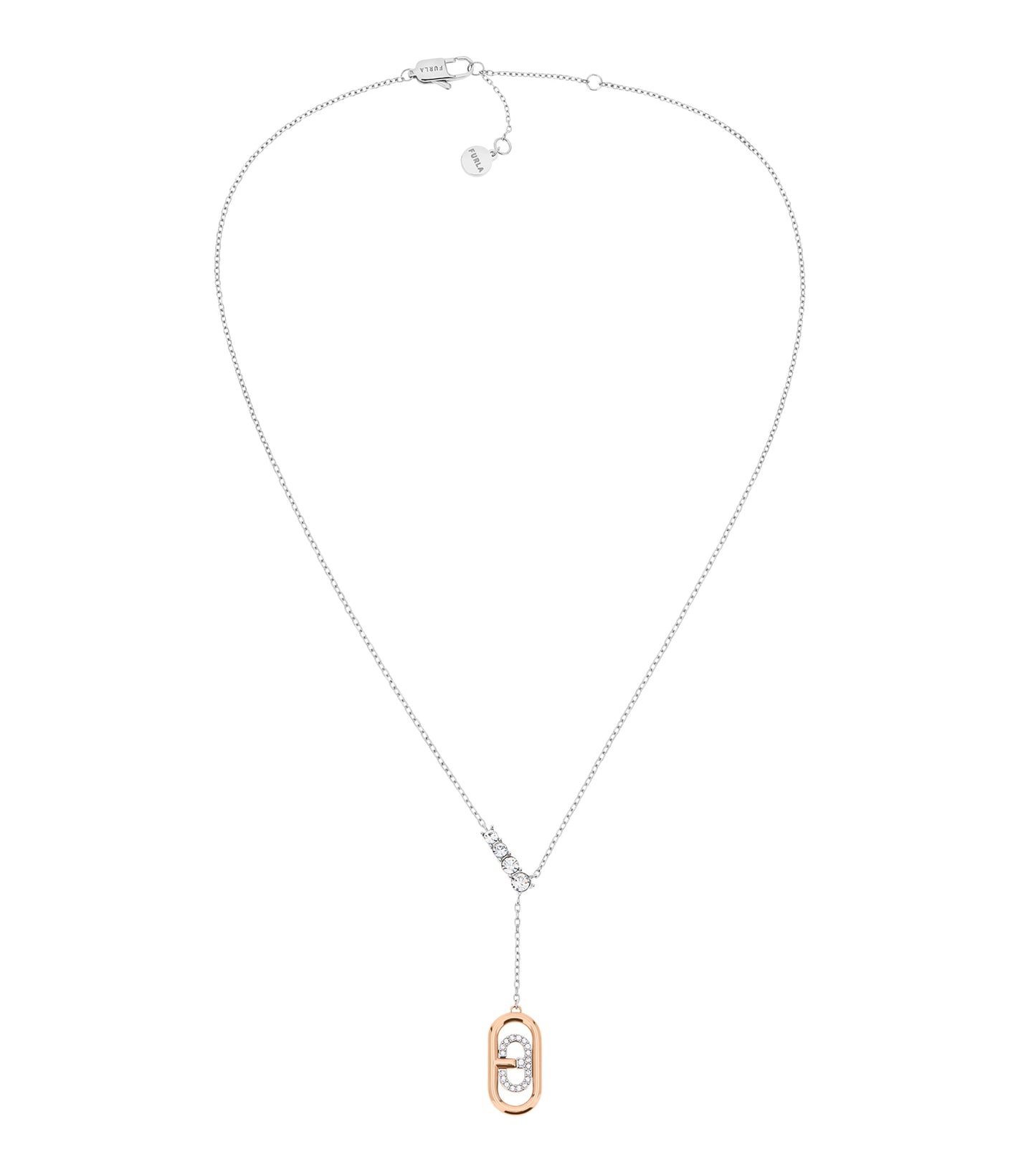 Furla silver necklace elegantly displayed at a front-facing angle, capturing its intricate chain design and lustrous finish.
