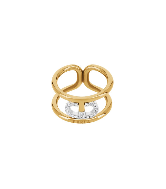 FURLA gold ring with a vertically angled view showcasing its elegant design, reflecting a warm, luxurious spark against a white backdrop.