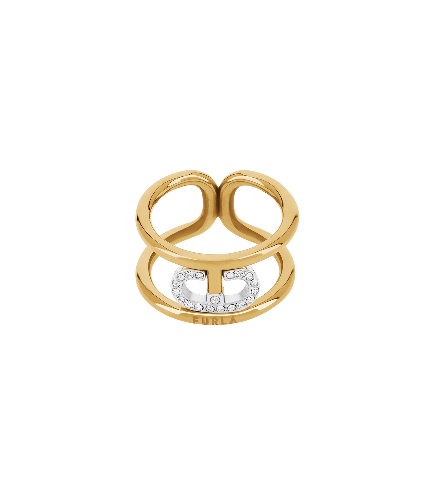 Furla gold ring with sleek design, detailed from a slight angled view, highlighting its refined elegance and luxurious sheen.