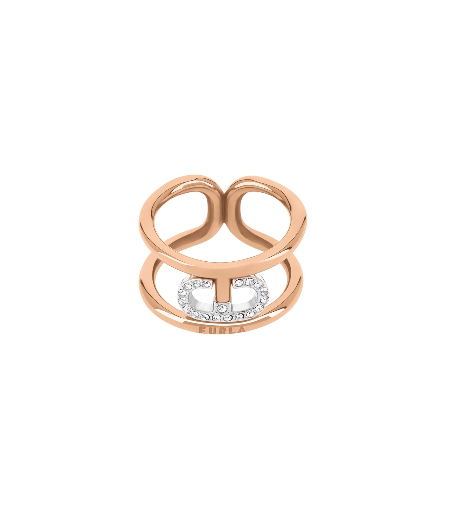 Furla silver ring showcasing an elegant, circular design with a side angle view, capturing its sleek and modern style.