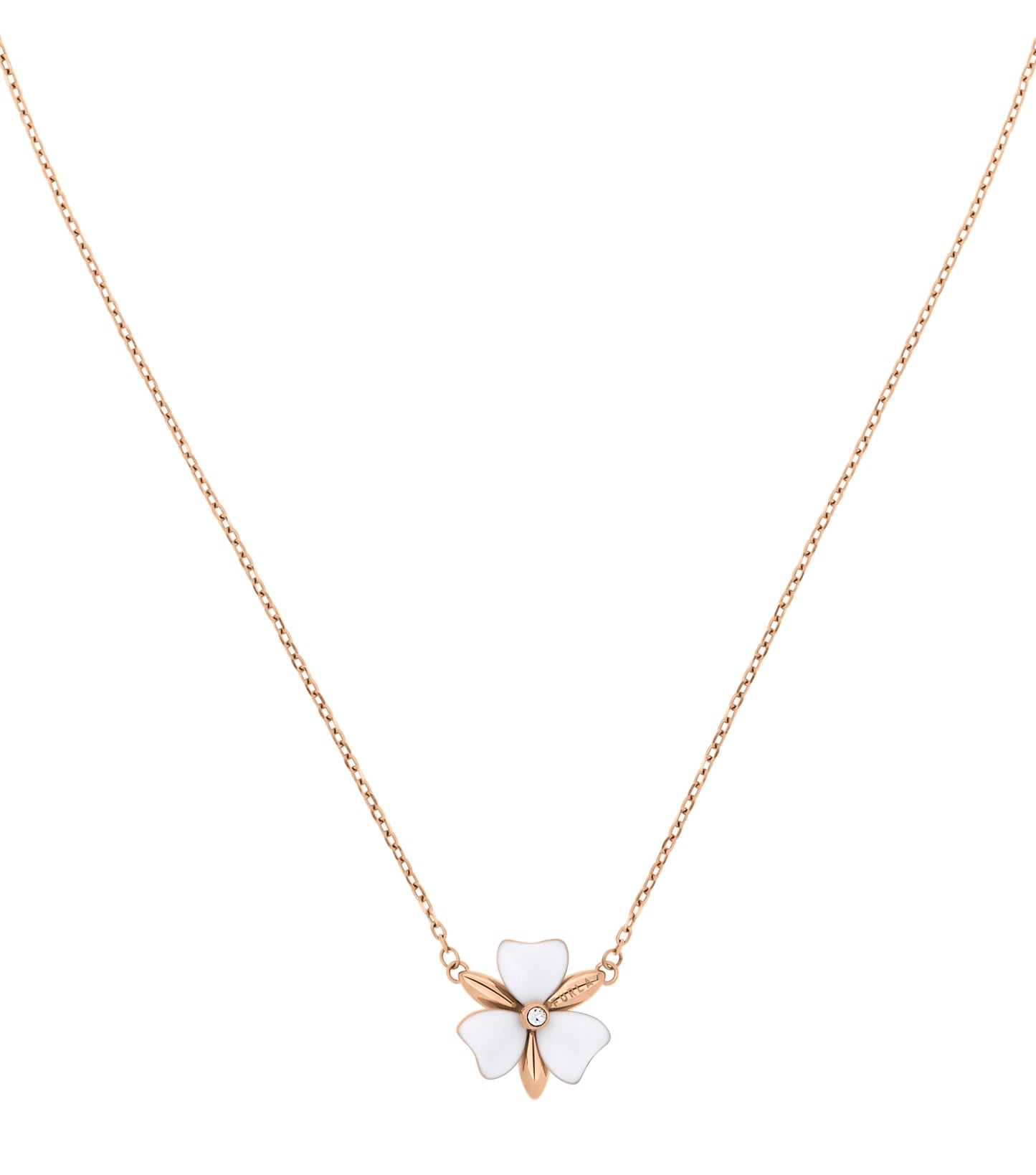 Rose gold Furla necklace displayed at a 45-degree angle showcasing elegant chain links and a subtle shine, embodying timeless luxury.