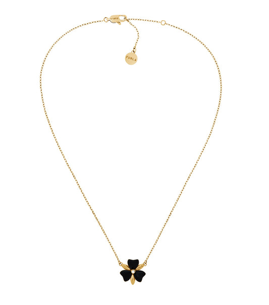 Furla gold necklace, elegantly displayed at a top-down angle, showcasing its intricate design and vibrant, shiny finish.