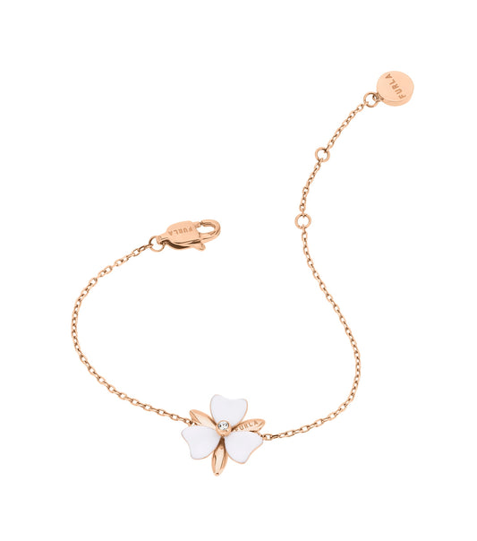 Furla rose gold bracelet, side angle view, showcasing sleek design with intricate detailing and elegant clasp.