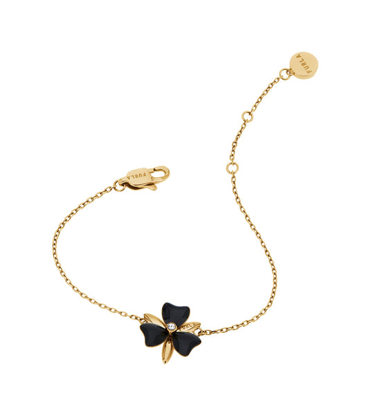 Elegant gold Furla bracelet with an ornate clasp, displayed at a dynamic angle to highlight luxury and craftsmanship.