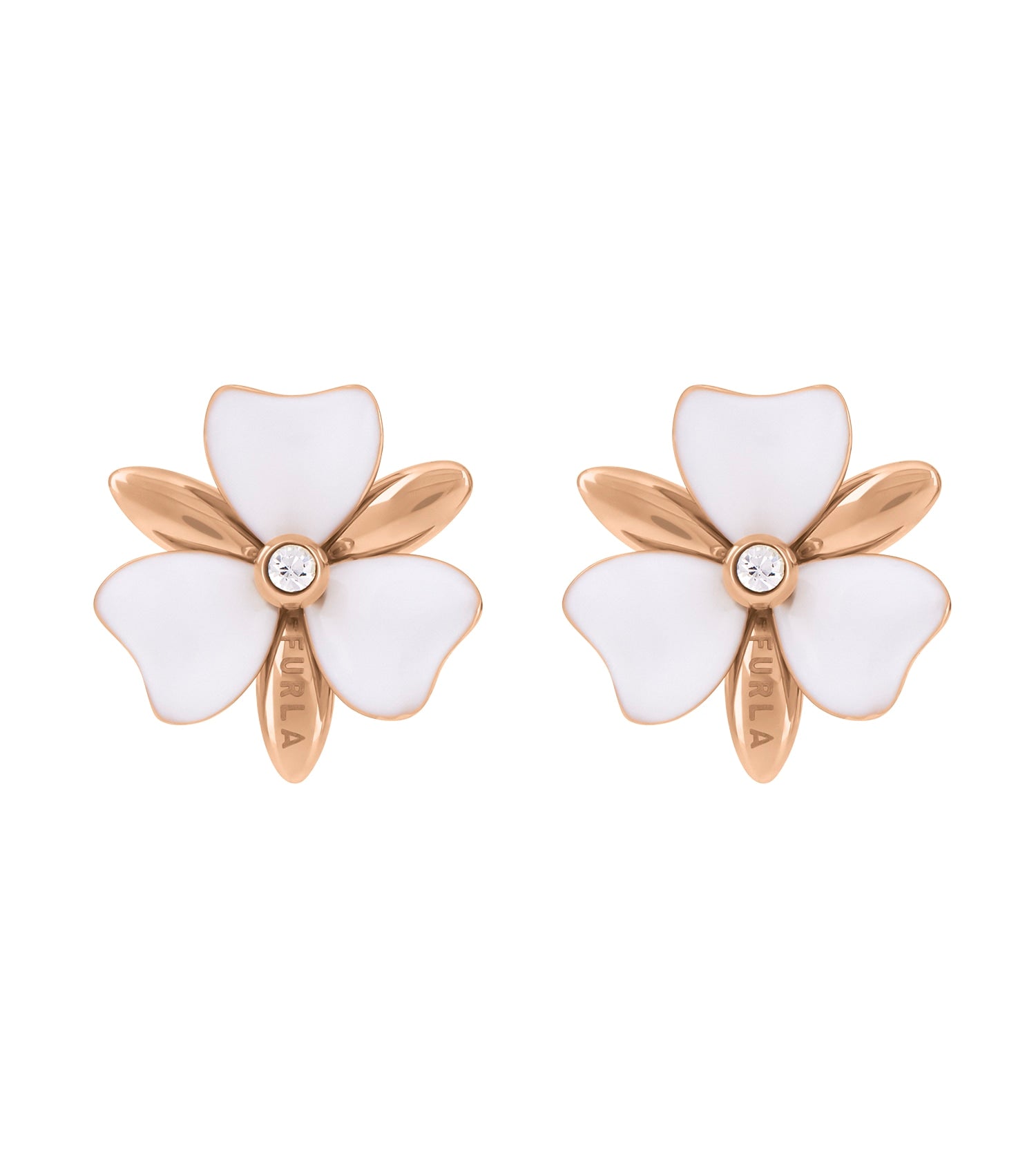 Furla rose gold earrings with intricate detailing; front angle view showcasing elegant design and luxury aesthetic.